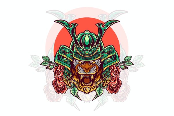 玫瑰老虎武士动物头部插画 tiger samurai with rose illustration