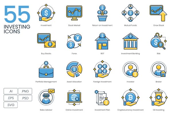 动力学系列-55个投资理财管理主题矢量图标 55 Investing Icons | Kinetic Series