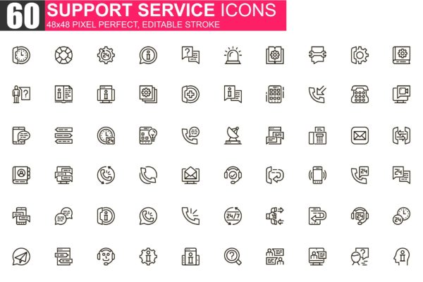支持服务主题细线图标素材包 Support Service Thin Line Icons Pack
