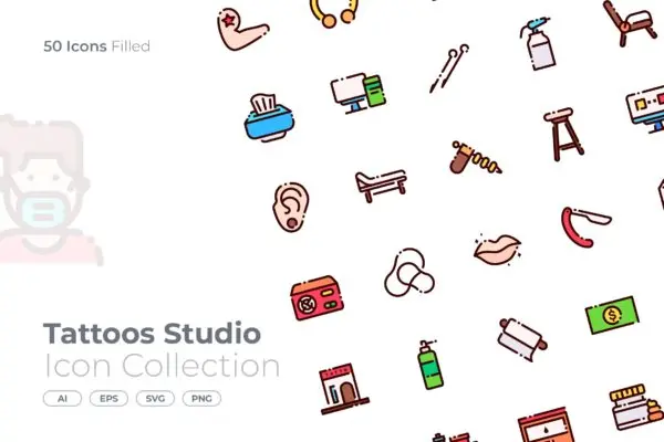纹身工作室主题填充矢量图标合集 Tattoos Studio Filled Icon
