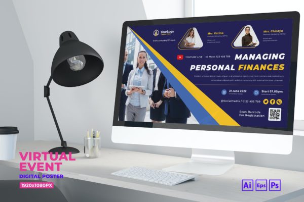 个人理财商业活动数字海报传单设计模板v8 Business Virtual Event Digital Poster Flyer