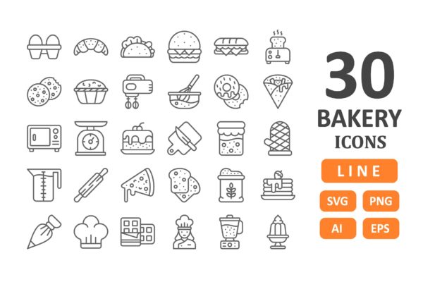 30个面包店主题线条图标素材 30 Bakery Icons – Line
