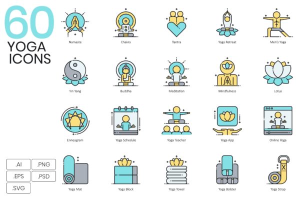 Aqua系列-60枚瑜伽主题矢量图标 60 Yoga Icons – Aqua Series