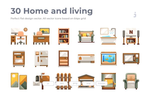 30枚家居生活扁平化设计风格矢量图标 30 Home and living Icons – Flat