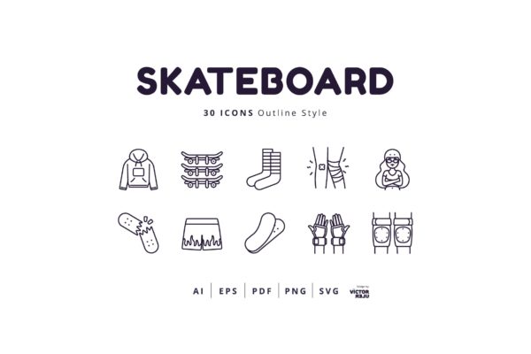 30个滑板运动轮廓图标素材 30 Icons Skateboard Outline Style