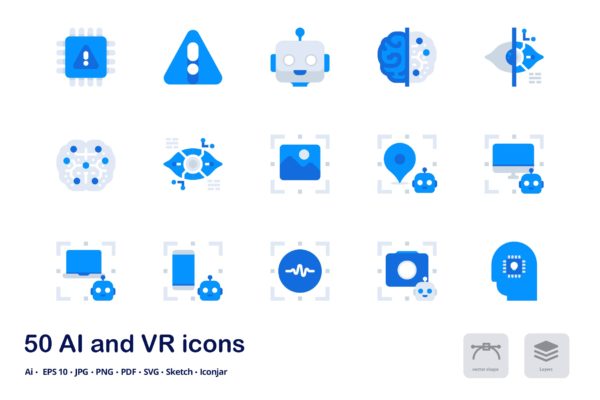 智能AI&虚拟现实VR主题双色调扁平化矢量图标 AI and VR Accent Duo Tone Flat Icons