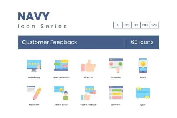 海军蓝系列-60枚客户反馈主题矢量图标 60 Customer Feedback Icons | Navy Series