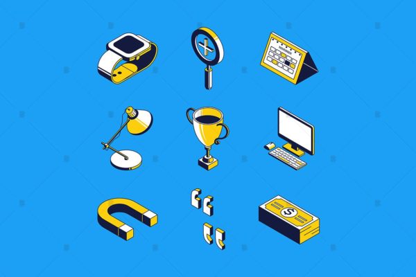 目标设置主题矢量图标 Goal setting isometric concept icons set