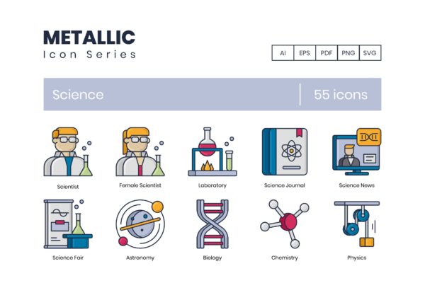 金属系列-55枚科学研究主题矢量图标 55 Science Icons | Metallic Series