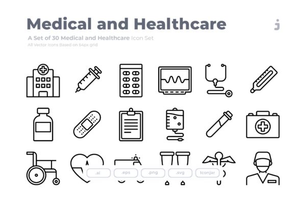 30枚医疗保健主题Outline风格矢量图标 30 Medical and Healthcare Icons – Outliner