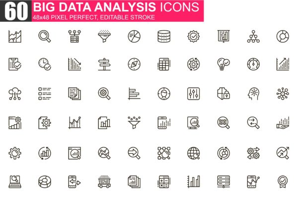 大数据分析主题细线图标素材包 Big Data Analysis Thin Line Icons Pack