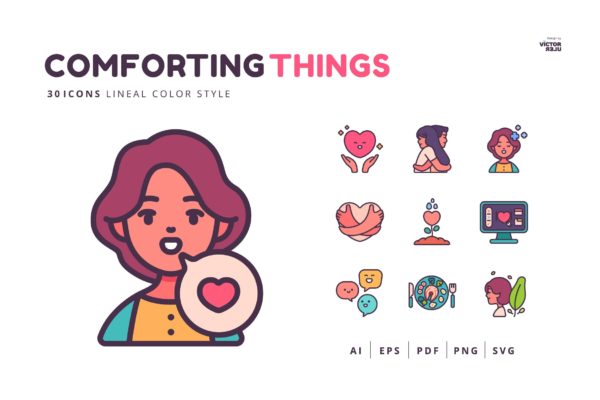 30个安慰&生活主题线条风格彩色图标素材 30 Icons Comforting Things Lineal Color Style