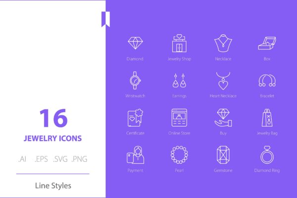 珠宝首饰线条样式图标素材 Jewelry Icon Set Line Styles