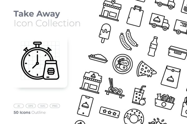 餐饮配送主题轮廓矢量图标合集 Take Away Outline Icon