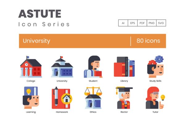80个大学主题扁平设计风格矢量图标集 80 University Flat Icons