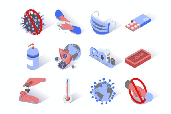 冠状病毒流行主题等距矢量图标集 Virus Epidemic Coronavirus Isometric Icons Set