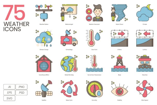 榛子系列-75个天气预报主题矢量图标 75 Weather Icons | Hazel Series
