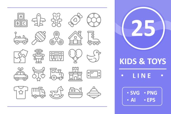 25枚儿童&玩具系列主题线性图标 25 Kids and Toys – Line