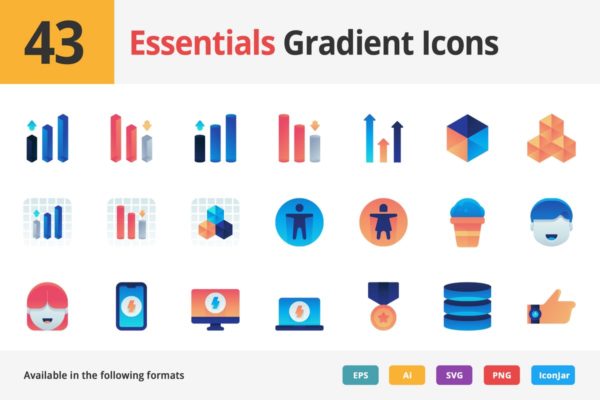 43枚UI设计常用渐变色矢量图标 Essentials Vector Gradient Icons