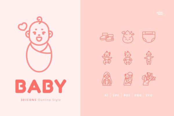30枚婴儿轮廓图标矢量素材 30 Icons Baby Outline Style
