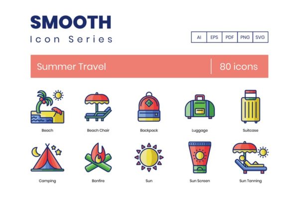平滑系列-80枚夏季旅行主题矢量图标 80 Summer Travel Icons | Smooth Series