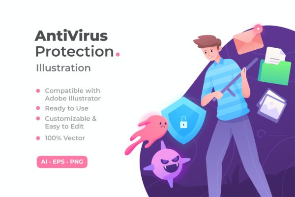 网络病毒防护概念插画模板v3 Antivirus Protection Illustration Concept  v.3
