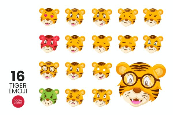 16个可爱的老虎头像表情符号矢量图标集 16 Cute Tiger Avatar Emoji Vector Character Set