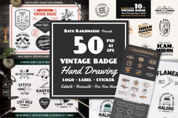 50个复古徽章Logo设计模板 50 Vintage Badges