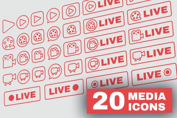 视频直播流符号线性图标集 Outline Live Stream Symbols Set