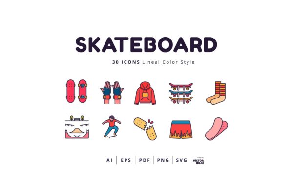 30个滑板运动线条风格彩色图标素材 30 Icons Skateboard Lineal Color Style