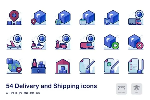 物流运输主题矢量图标集 Delivery and Shipping filled outline icons