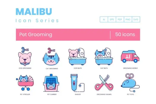 Malibu系列-50个宠物美容主题矢量图标 50 Pet Grooming Icons | Malibu Series