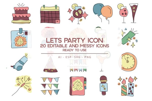 20枚活动派对主题手绘设计风格矢量图标 Let’s Party Icons Set