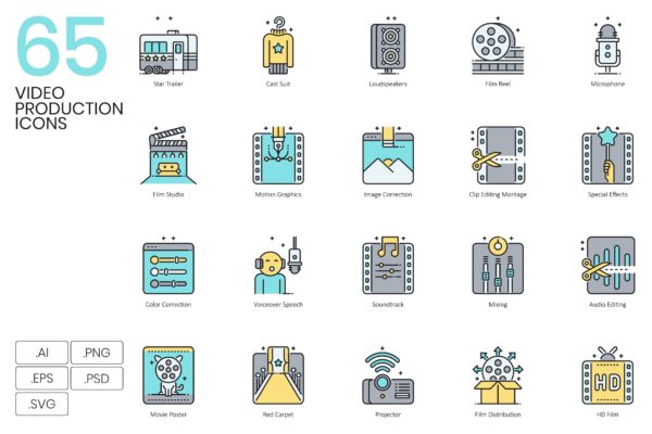 Aqua系列-65个视频制作矢量图标 65 Video Production Icons | Aqua Series