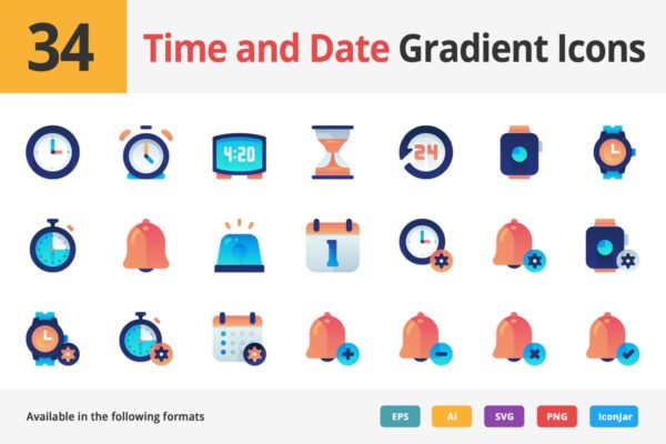 34枚时间&日期渐变色矢量图标 Time and Date Gradient Vector Icons