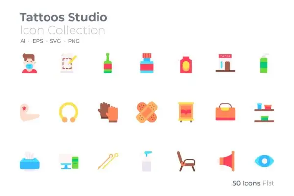 纹身工作室主题彩色矢量图标合集 Tattoos Studio Color Icon