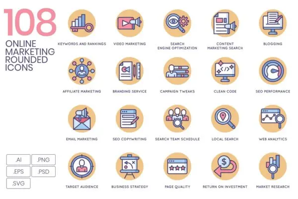 奶油威士忌系列-108枚互联网营销矢量图标 108 Online Marketing Icons – Butterscotch Series