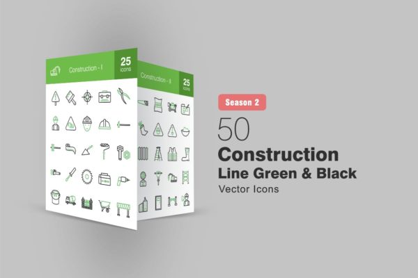 50枚施工主题绿黑色矢量线性图标II 50 Construction Line Green & Black Icons Season II