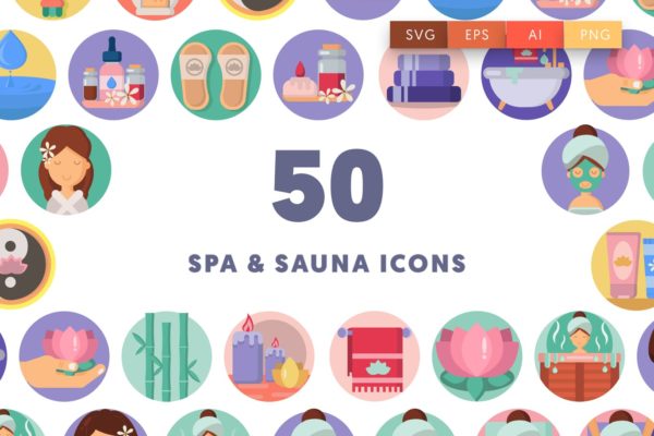 50枚水疗桑拿主题圆角矢量图标 50 Spa and Sauna Icons