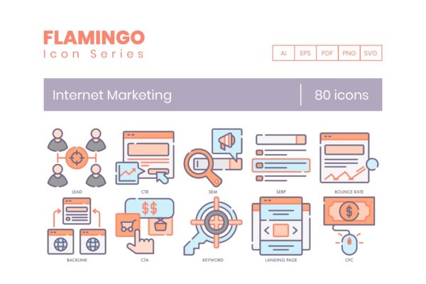 Flamingo系列-80枚互联网营销主题矢量图标 80 Internet Marketing Icons | Flamingo Series