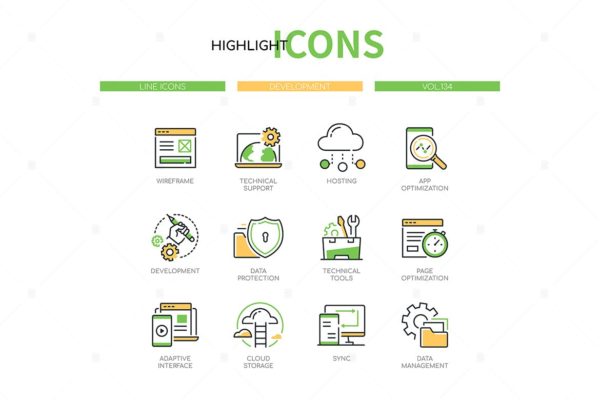 技术开发主题线条设计风格矢量图标集 Development – modern line design style icon set