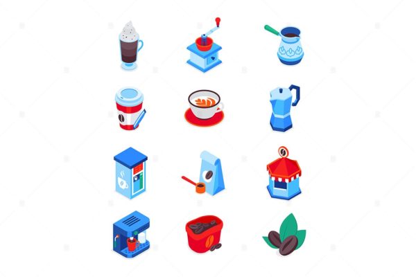 咖啡元素现代多彩等距图标集 Coffee – set of modern colorful isometric icons