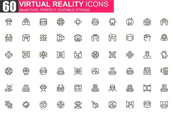 VR虚拟现实主题细线图标素材包 Virtual Reality Thin Line Icons Pack