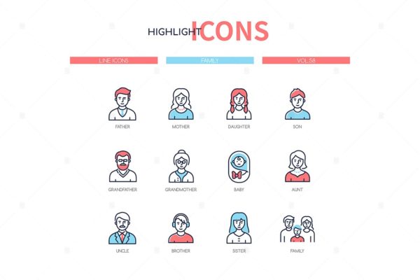 家庭成员人物头像线性设计风格矢量图标 Family members – line design style icons set