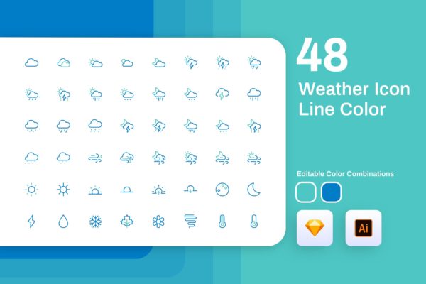 48枚天气预报主题彩色矢量线性图标 Weather Icon Line Color