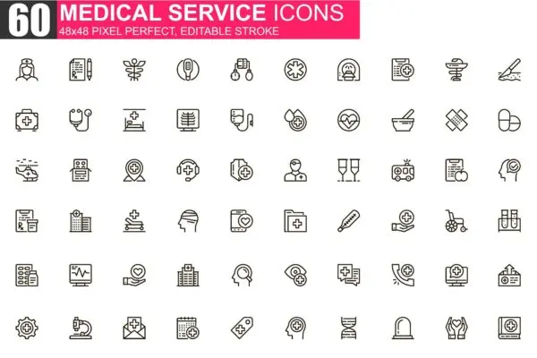 医疗服务主题细线图标素材包 Medical Service Thin Line Icons Pack