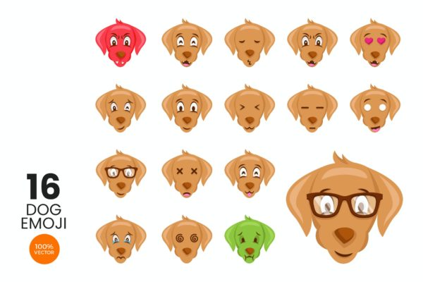 16个可爱的狗头像表情符号矢量图标集 16 Cute Dog Avatar Emoji Vector Character Set