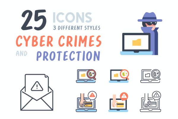 网络犯罪&保护主题矢量图标集 Cyber crimes and Protection icon set