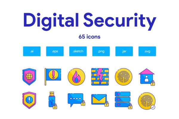 65枚数字产品安全主题矢量图标集 Digital Security Icon Set