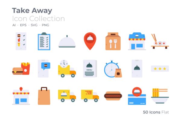 餐饮配送主题彩色矢量图标合集 Take Away Color Icon